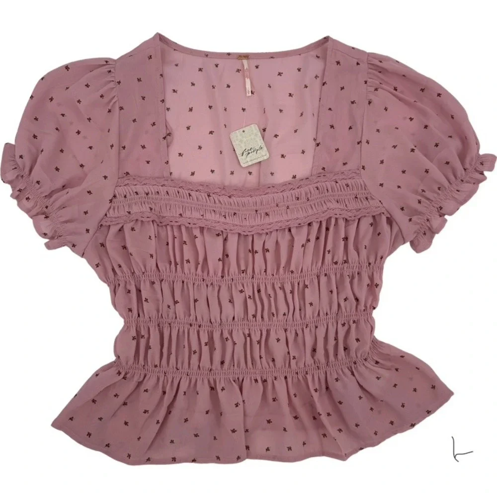 FREE PEOPLE New‎ Large Adore You Blouse Smocked Peplum Pink Floral Cottagecore